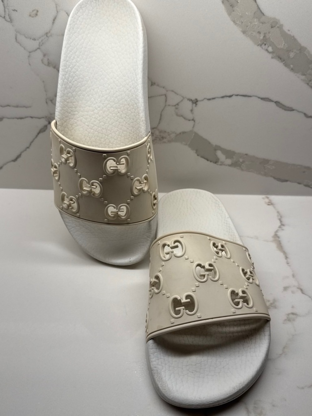 Gucci Cream and White Embossed GG Slide Sandals